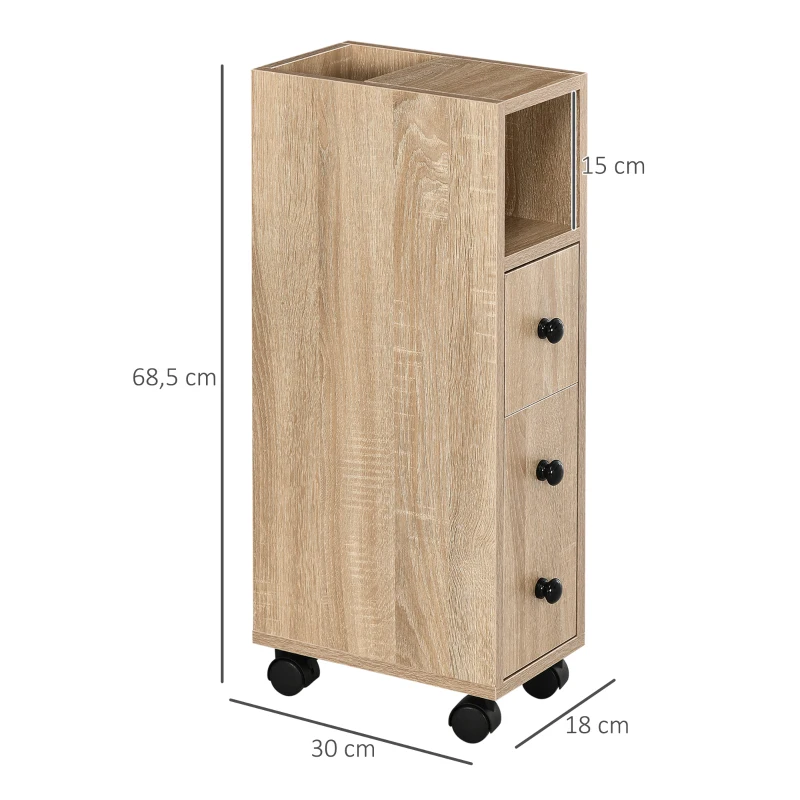 kleankin Armario de Baño con Ruedas Mueble Auxiliar para Baño con Estante Abierto Puerta y Cajón 18x30x68,5 cm Roble