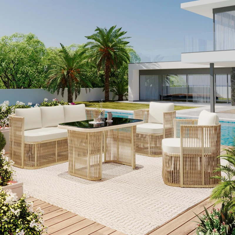 5-teiliges PE‑Rattan-Gartenmöbel-Set, 3‑Sitzer-Sofa, 2 Sesseln und Glastisch, Beige+Schwarz+Weiß