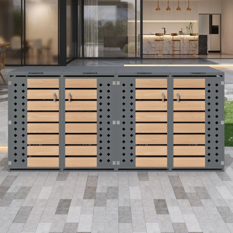 Mülltonnenbox mit 4‑fach Aufbewahrung, rautenförmiger Seitenperforation für Belüftung, 264x80x118,5 cm, Grau+Naturfarbe