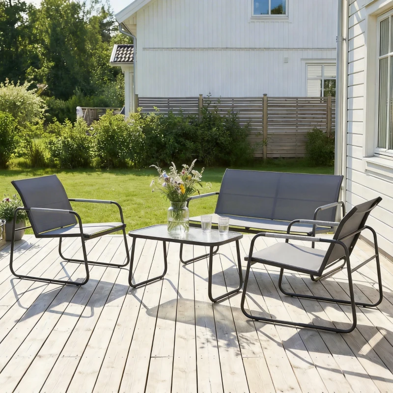 Outsunny Set da Giardino 4 pz con Divano 2 Posti, 2 Sedie e Tavolino, Struttura in Metallo Grigio