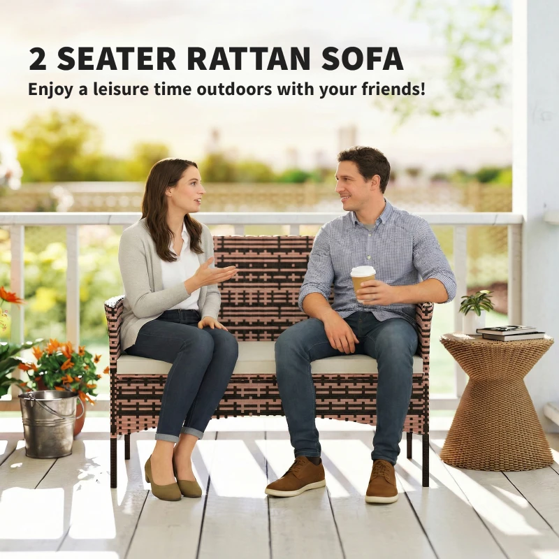Outsunny 2-osobowa sofa ogrodowa Rattan PE, meble tarasowe z poduszką, antypoślizgowe maty, stalowa rama, Khaki