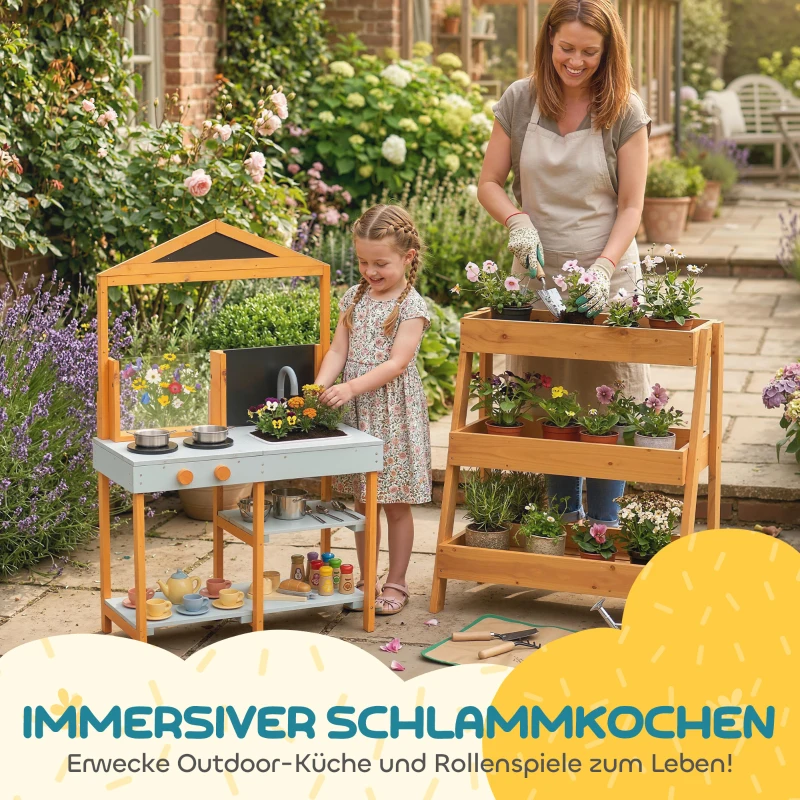AIYAPLAY Matschküche Kinder Outdoor Spielküche Holz mit Herd Abnehmbarer Spüle Regalen für Kinder von 3-8 Jahren, Hellblau