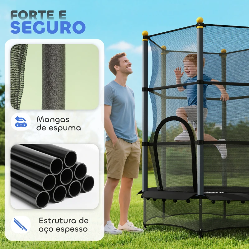 HOMCOM Trampolim para Crianças com Rede de Segurança e Estrutura de Aço para Interiores e Exteriores Carga 50kg Ø140x190 cm Preto