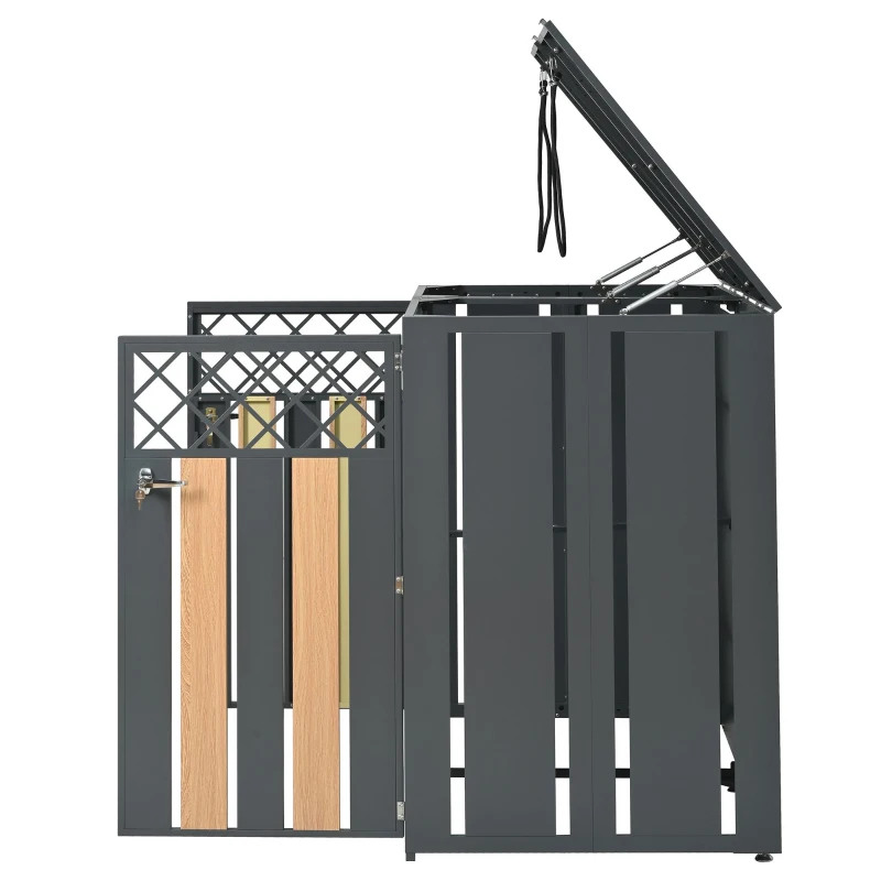 Mülltonnenbox mit hydraulischem Klappdeckel und abschließbarer Front, zwei getrennte Fächer, 132x80x118,5 cm, Grau+Naturfarbe