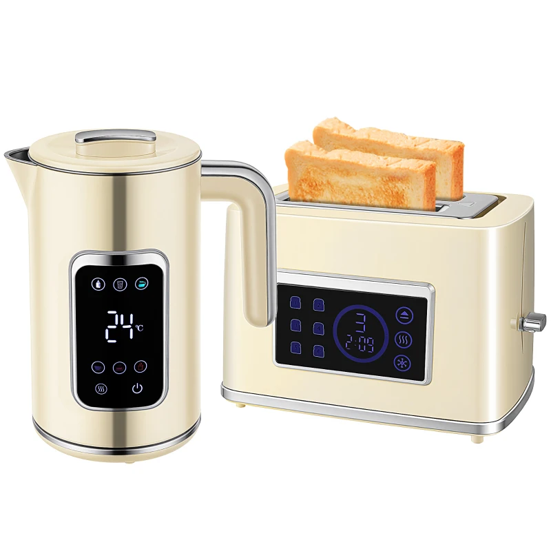 HOMCOM Wasserkocher und Toaster-Set mit LED-Touchscreen, 1,7 L, 2 Toasterschlitze, verschiedene Modi und Funktionen, Cremeweiß