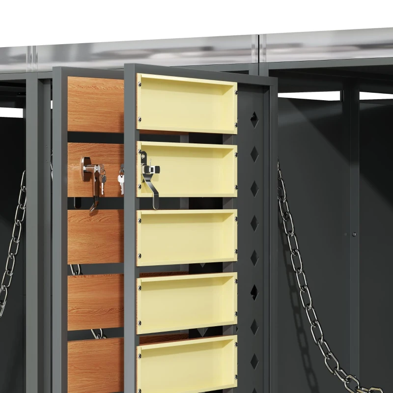 Mülltonnenbox 4‑fach, abschließbar mit integriertem Pflanzkasten, 264x80x124.5 cm, Grau+Naturfarbe