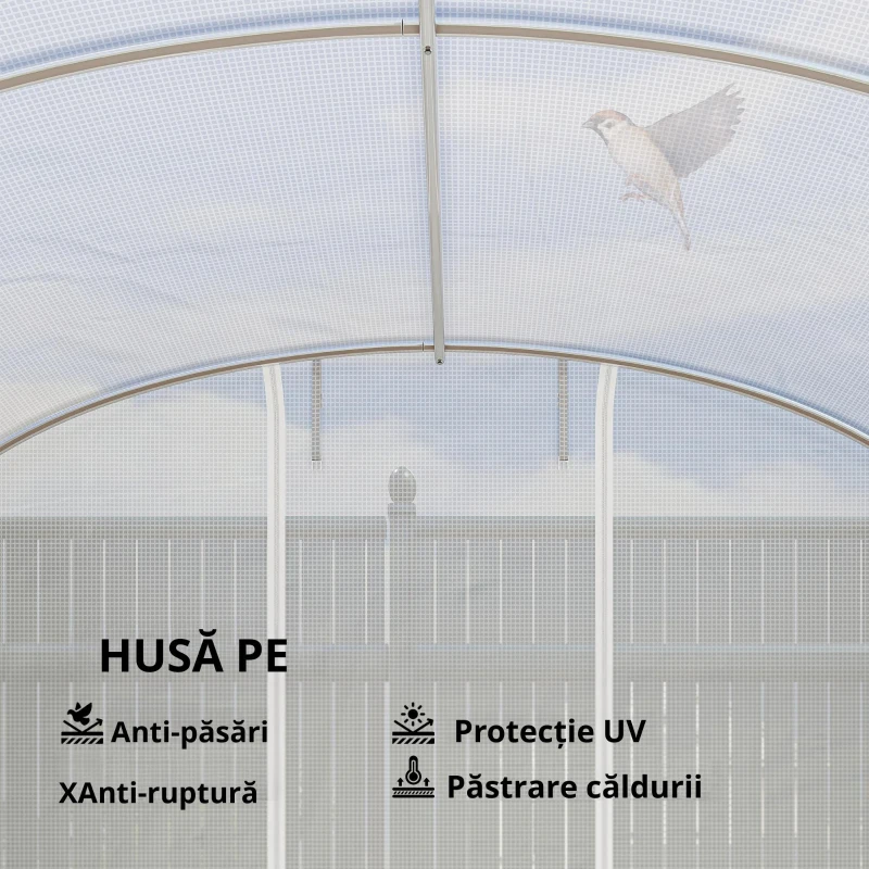 Outsunny Seră tunel de grădină 24 m², seră tunel cu cadru din oțel galvanizat, uși și 2 ferestre mari, alb