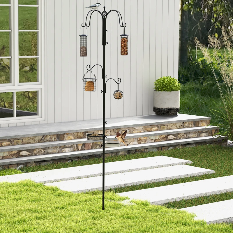 PawHut Station d'alimentation mangeoir à oiseaux sur pied 6 crochets 4 mangeoires suspendues pour cacahuètes graines boules de graisse noir