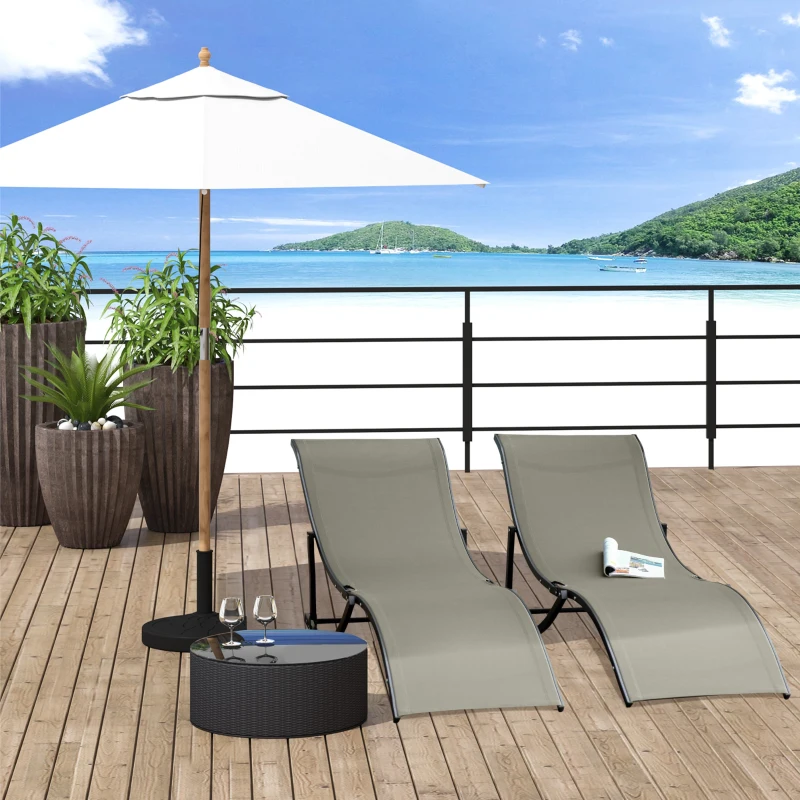 Outsunny Lot de 2 bains de soleil pliables, chaise longue jardin extérieur en aluminium et textilène, transat jardin extérieur pour patio terrasse plage, charge 120 Kg, gris clair