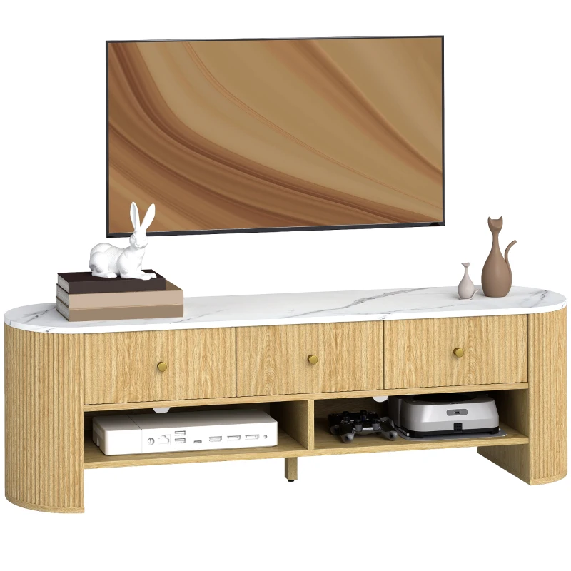 HOMCOM Comodă TV 140 cm, mobilier pentru televizor 165 cm cu aspect de marmură 3 sertare fețe canelate aspect lemn natural