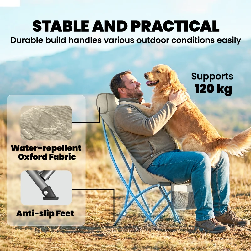 Outsunny Camping Chair for Adults Heavy Duty Folding Camp Chair with Side Pocket and Carry Bag Khaki