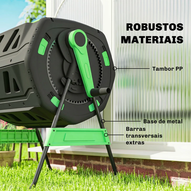 Outsunny Compostador Giratório 200L com Sistema de Ventilação e Base Metálica para Compostagem de Resíduos Orgânicos Verde