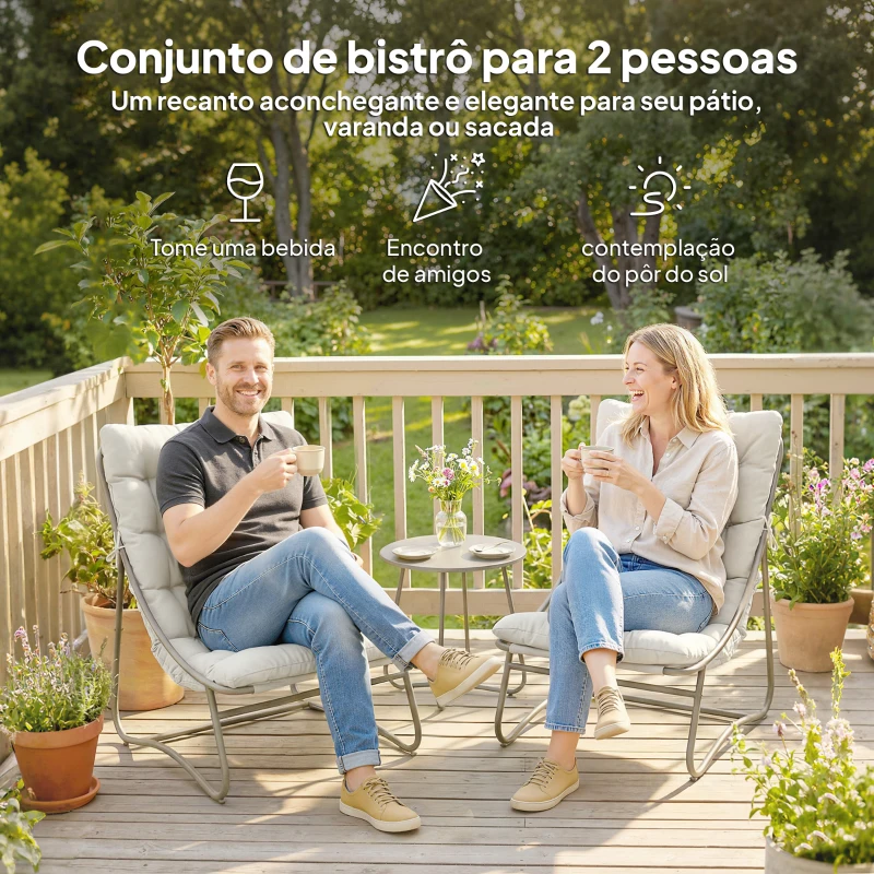 Outsunny Conjunto de Jardim de 3 Peças com 2 Cadeiras Lounge Mesa de Café e Almofadas para Exterior Pátio Varanda Cinzento Claro