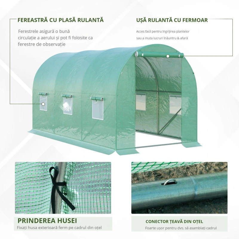 Outsunny Seră de Grădină Tunel 8m² 4L x 2l x 1,9H m Oțel galvanizat Polietilenă cu densitate ridicată ferestre ușă Verde