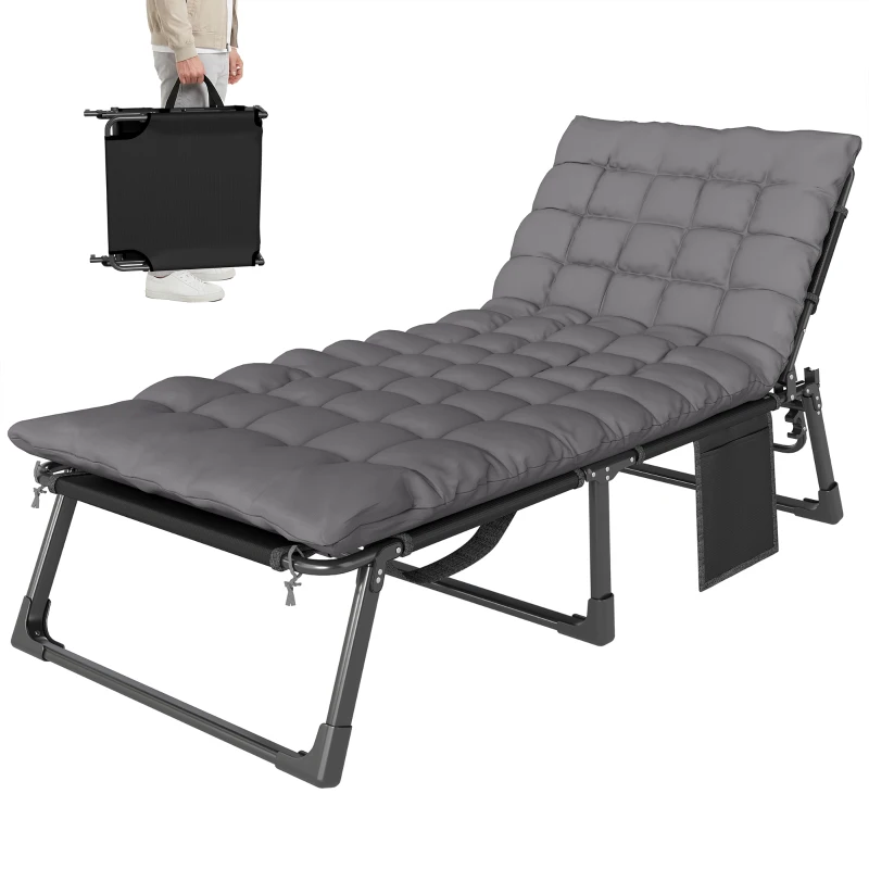 Outsunny Folding Sun Lounger for Garden, 5-Position Oversized Camping Bed Recliner with Cushions, Dark Grey