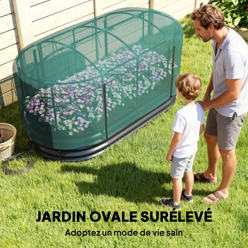 Outsunny Carré potager de jardin avec cage de protection, jardinière surélevée en acier galvanisé, 180 x 90 x 93 cm, gris et vert