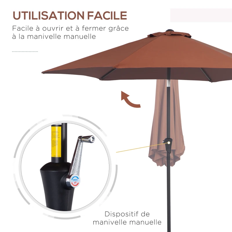 Outsunny Parasol droit parasol inclinable de jardin manivelle toile polyester haute densité 180 g/m² Ø2,6 x 2,35 m aluminium café