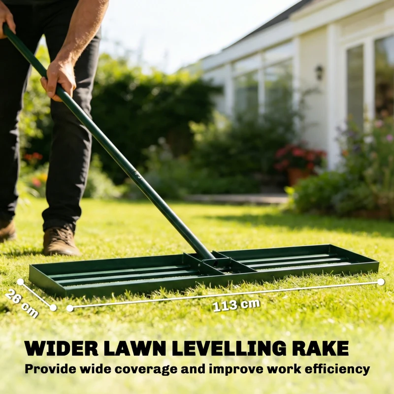 Outsunny Lawn Levelling Rake, 113 x 26 cm Lawn Leveller Lute with 169 cm Handle for Grass Soil Sand Yard Golf Course