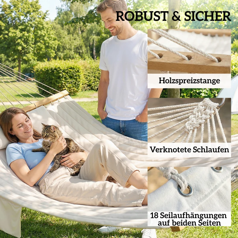 Outsunny Hängematte Outdoor 200x140cm, zweilagig Hängematte mit Kopfstütze Magazintasche Holzstäbe bis 200kg