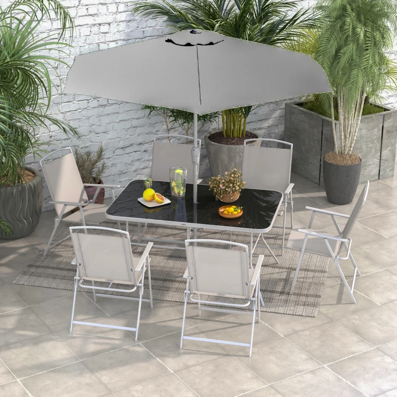 Outsunny Ensemble salon de jardin 8 pièces avec grand parasol, table et chaises pliantes métal époxy textilène polyester gris