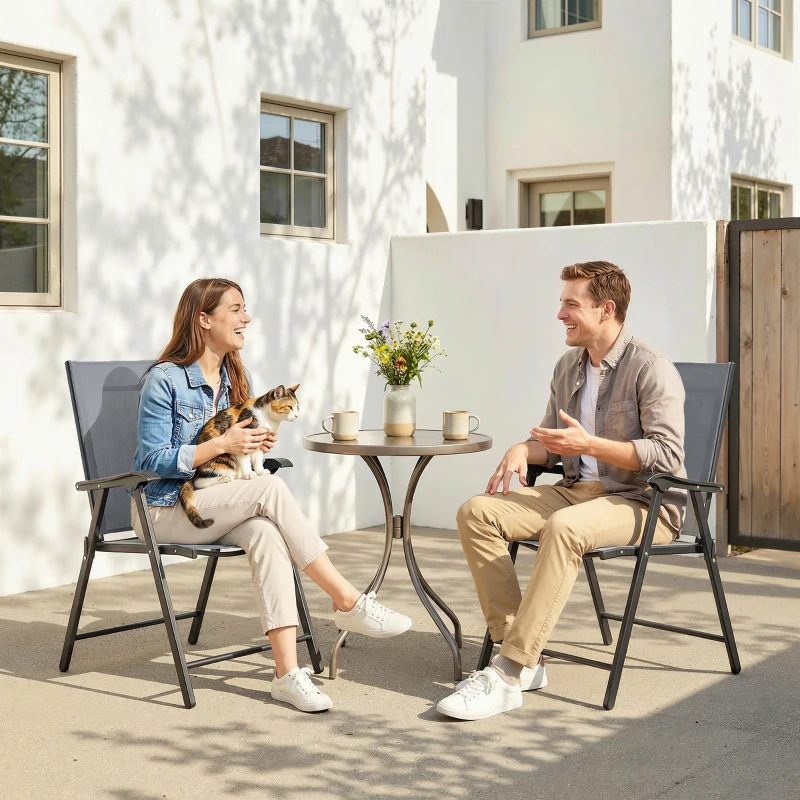 Outsunny Folding Garden Chairs Set of 2, Foldable Garden Dining Chairs with High Back, Armrests, Texteline Seat, Light Grey