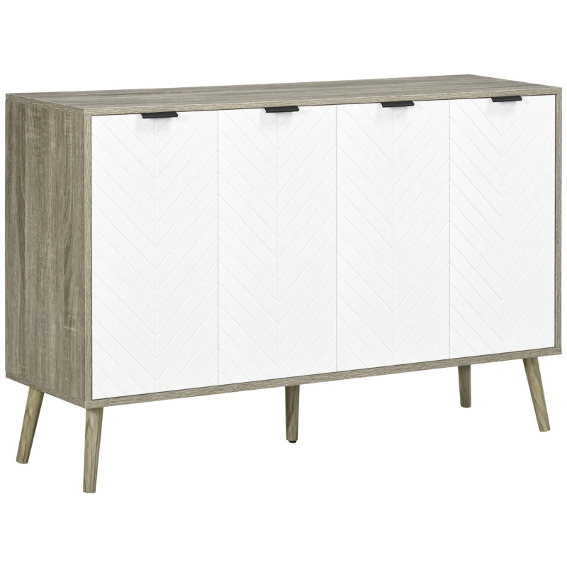 HOMCOM Bufet jos, mobilier de depozitare, 2 dulapuri, 4 uși, model chevron, polițe reglabile, 120 x 35 x 77,4 cm, alb și gri