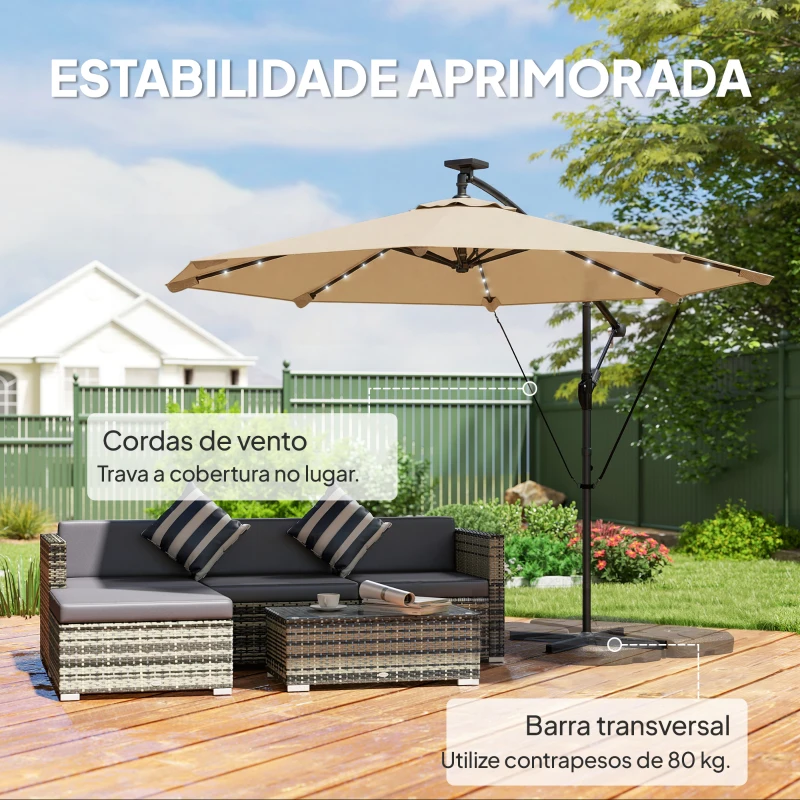 Outsunny Chapéu de Sol Excêntrico com Luzes LED Solares 330x295 cm Chapéu de Sol para Jardim com Base Cruzada Manivela Capa Protetora Caqui