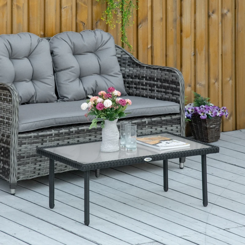 Outsunny Table basse de jardin plateau verre trempé 5 mm résine tressée imitation rotin noir