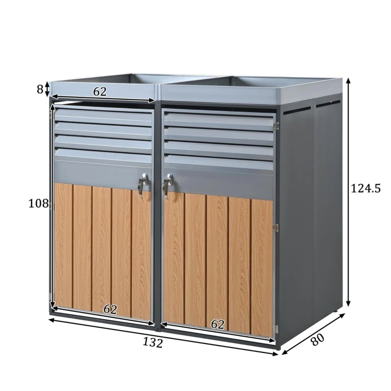 Mülltonnenbox mit integrierter Pflanzfläche, abschließbarer 4‑Fach‑Mülltonnenschrank, 264x80x124,5 cm, Grau+Naturfarbe