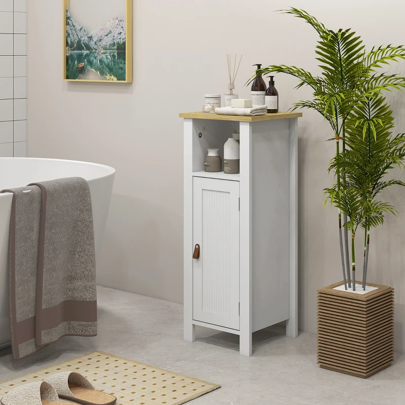 kleankin Meuble de salle de bain sur pied avec placard à 2 niveaux étagère réglable poignées en similicuir 32 x 30 x 80 cm blanc