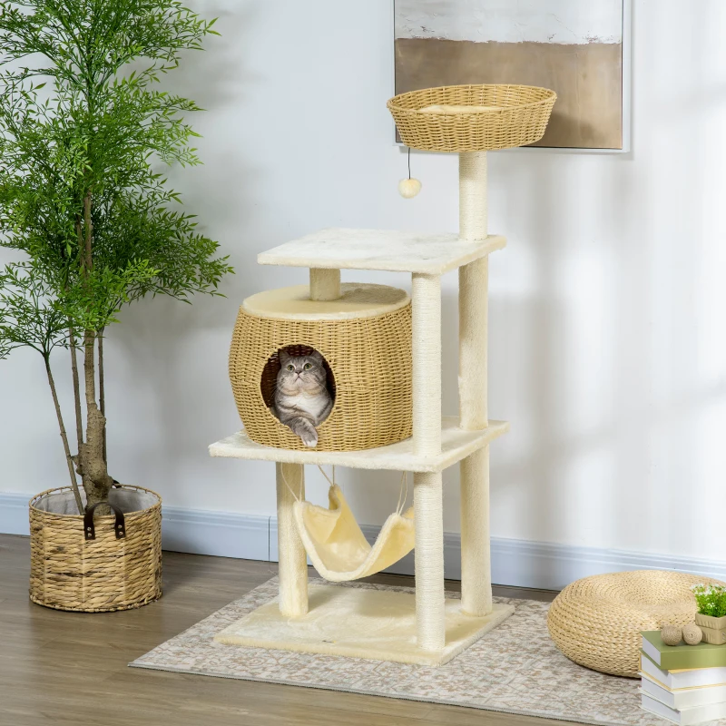 PawHut Arbre à chats sisal naturel grande niche plateforme jeu boule hamac peluche résine aspect rotin 60 x 49 x 130 cm beige