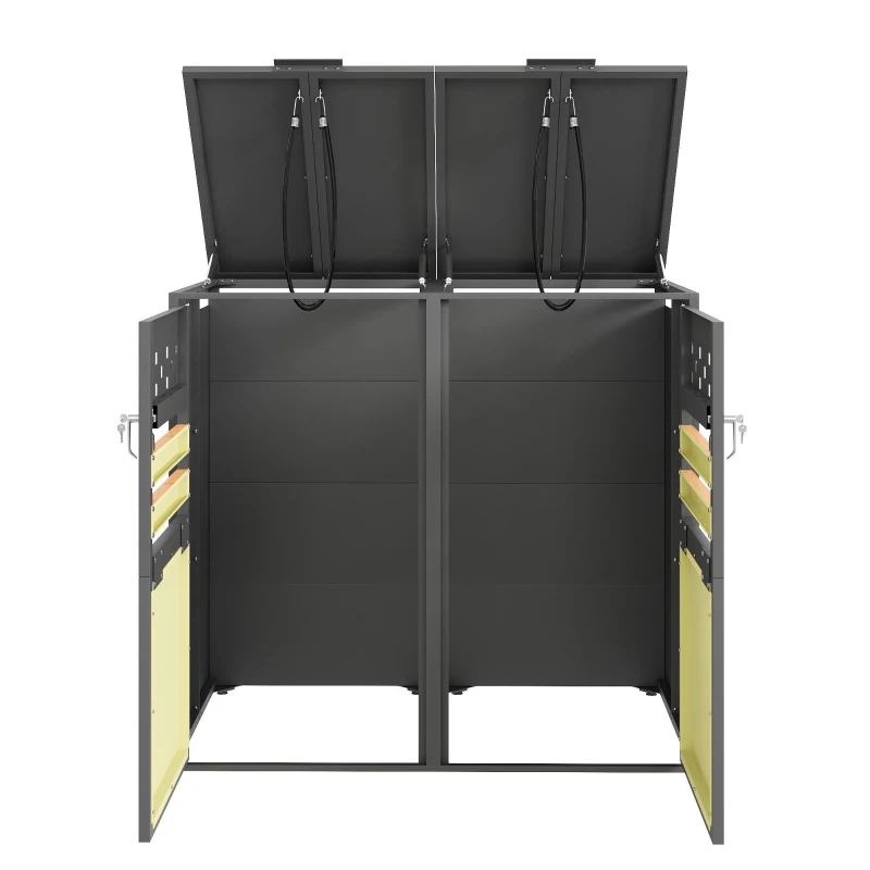 Mülltonnenbox mit hydraulischem Klappdeckel, abschließbaren Doppeltüren und zwei Fächern, 132x80x120 cm, Grau+Naturfarbe