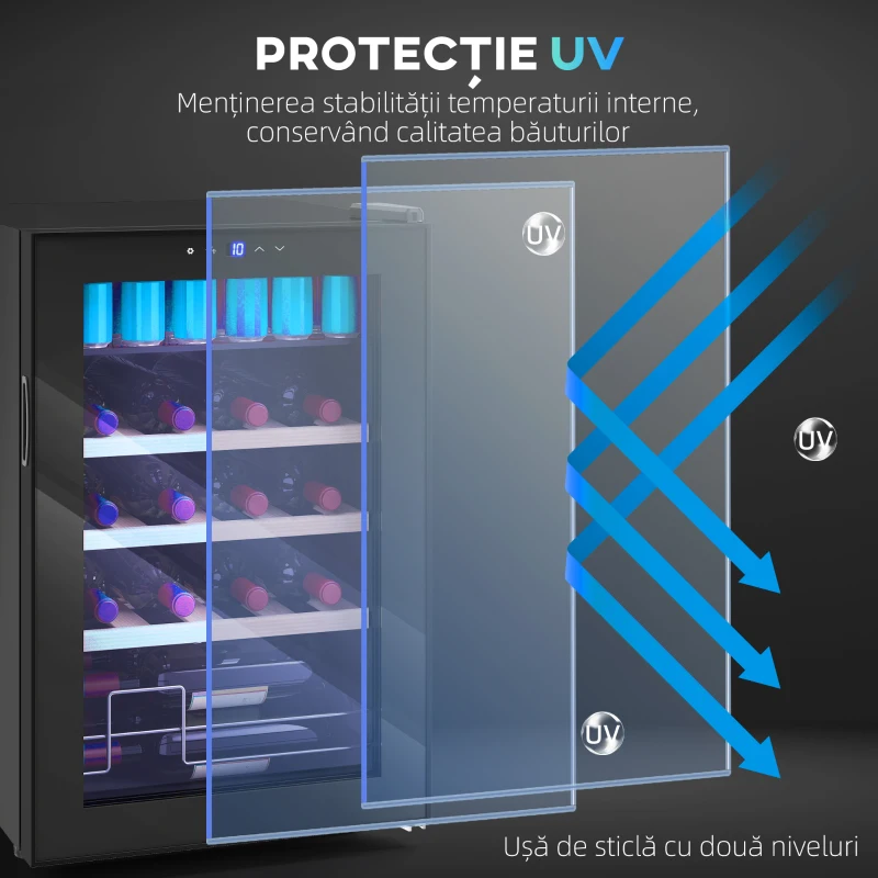 HOMCOM Vitrină pentru Vinuri Refrigerată 12 Sticle 53L Vitrină Frigider Silențioasă Temperatură Reglabilă 5-18℃ Frigider Vinuri Bar cu Sticlă Anti UV, Rafturi, Compresor, Display Tactil, Lumini LED, Clasa G