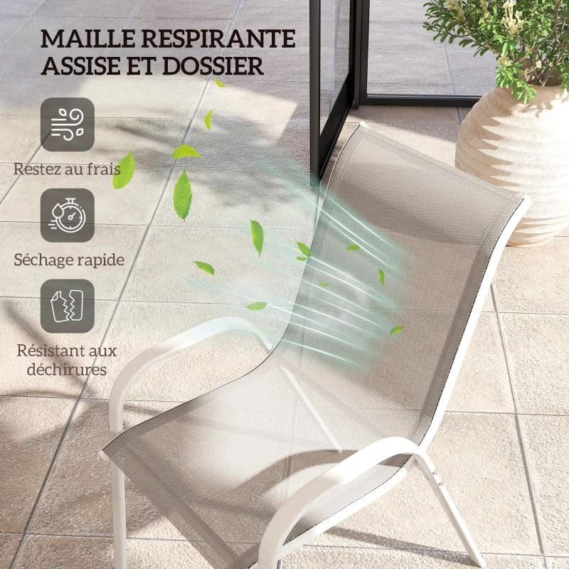 Outsunny Lot de 4 chaises de jardin, chaises empilables, dossier haut incliné, tissu en maille respirante, cadre en acier, gris