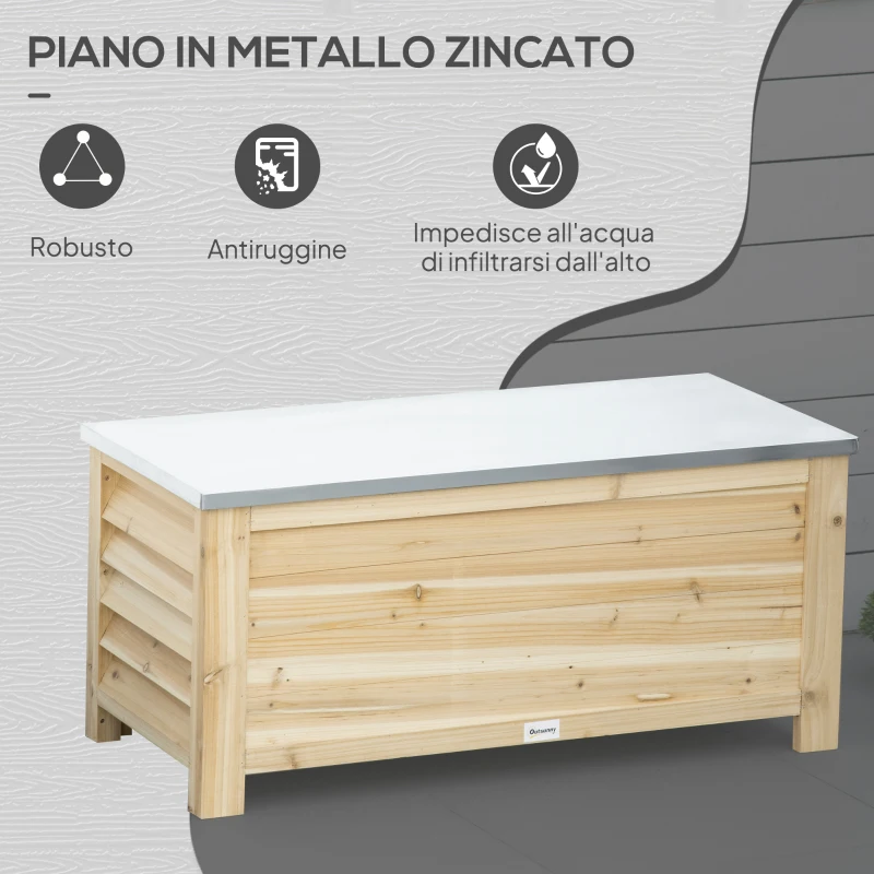 Outsunny Baule da Esterno da 155L in Legno con Coperchio in Metallo e 2 Ammortizzatori, 110x50x50 cm, color Legno