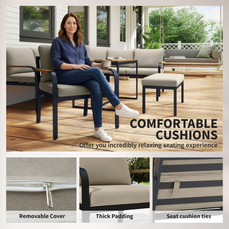 Outsunny 7 Seater Garden Furniture Set, Metal Garden Sofa Set with Cushions, Outdoor Furniture Conversation Sets, Khaki