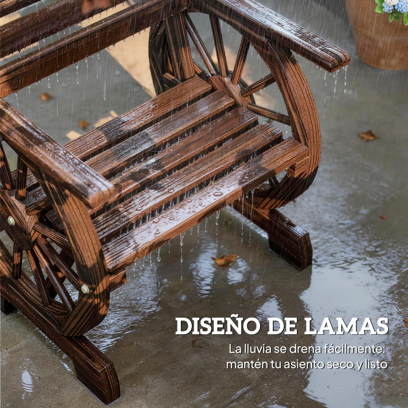 Outsunny Silla de Jardín de Madera con Brazos de Rueda de Carreta Asiento Ancho con Listones y Respaldo Inclinado Carbonizado