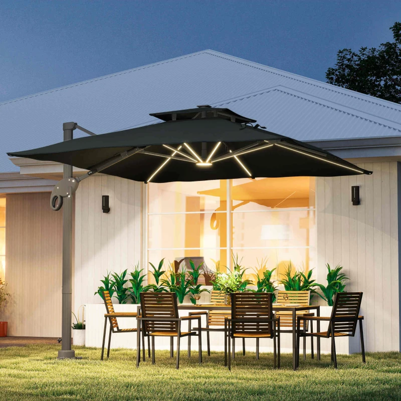 Outsunny Parasol déporté rectangulaire parasol LED inclinable pivotant manivelle acier alu. dim. 3L x 3l x 2,66H m polyester gris