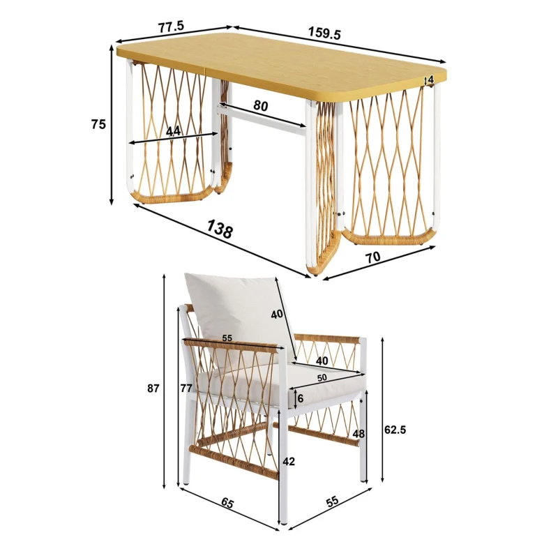 Modernes 7-teiliges Gartenmöbel-Set, weißes Eisengestell mit geflochtenen Armlehnen, 1 Tisch + 6 Stühle, Beige+Naturfarbe