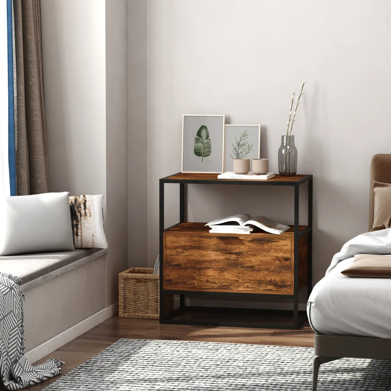 HOMCOM Table d'appoint table de chevet console meuble de rangement style industriel vintage grand tiroir, étagère et plateau aspect vieux bois veinage métal noir