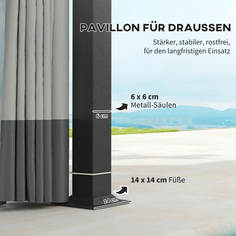 Outsunny Gartenpavillon, 3,3 x 4 m Gartenzelt mit Netz-Vorhängen, zweistufiges Dach, Kunstleder-Bezug, Metallrahmen, Hellgrau