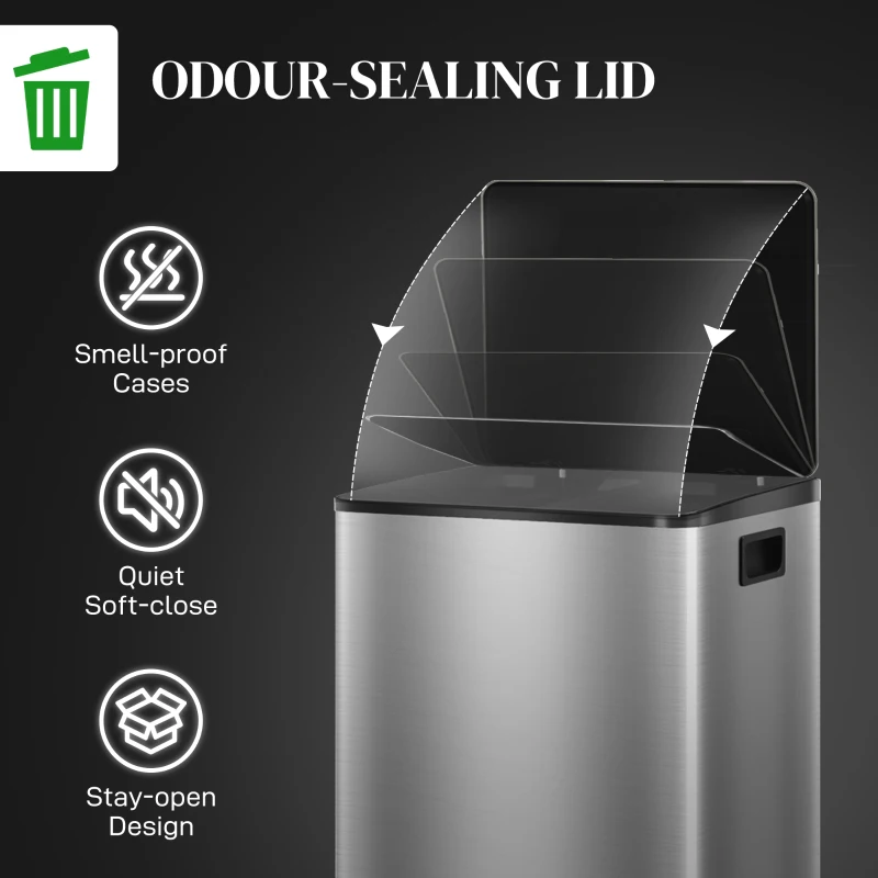 HOMCOM 60L Dual Compartment Stainless Steel Bin, with Deodoriser Holders - Silver Tone