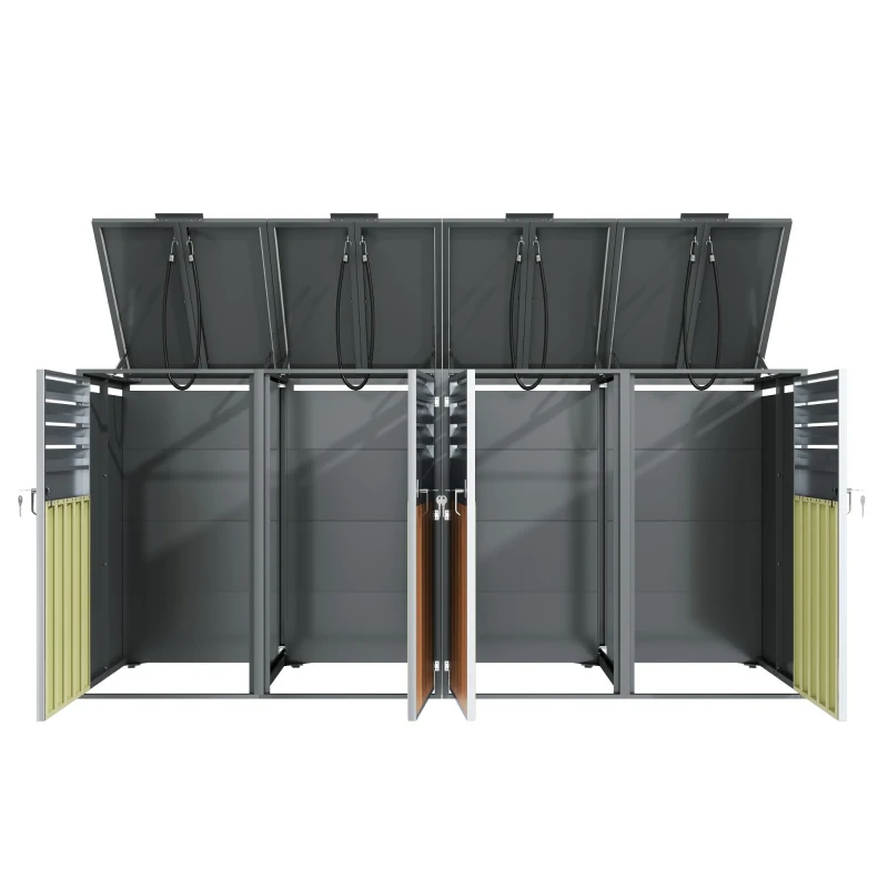 Mülltonnenbox mit hydraulischem Klappdeckel, 4-türiges Aufbewahrungsmodul, Lüftungslamellen, 264x80x118,5 cm, Grau+Naturfarbe