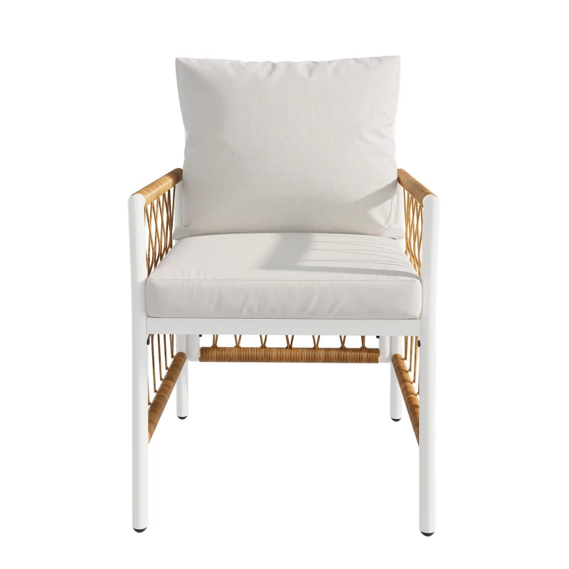 Modernes 7-teiliges Gartenmöbel-Set, weißes Eisengestell mit geflochtenen Armlehnen, 1 Tisch + 6 Stühle, Beige+Naturfarbe