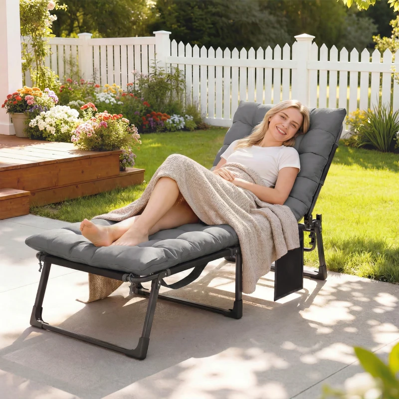Outsunny Folding Sun Lounger for Garden, 5-Position Oversized Camping Bed Recliner with Cushions, Dark Grey