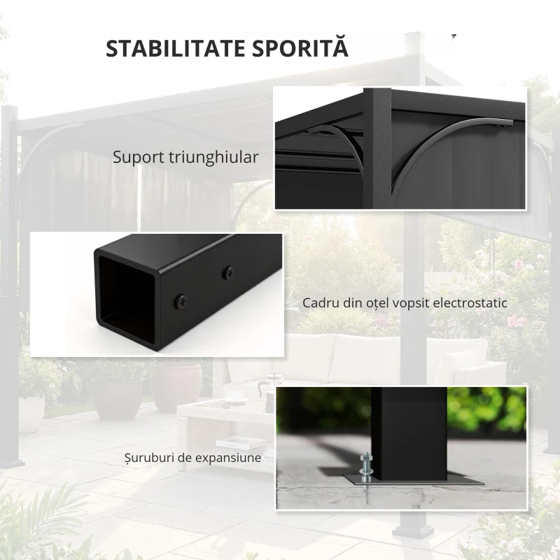 Outsunny Pergolă de grădină 3 x 3 m tonelă de grădină cu copertină glisantă, structură metalică, pentru exterior, Gri Închis