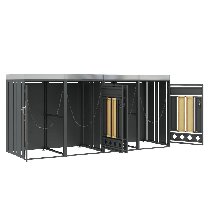 Mülltonnenschrank mit 4 Fächern, integriertem Pflanztrog und abschließbare Türen, 264x80x124.5 cm, Grau+Naturfarbe