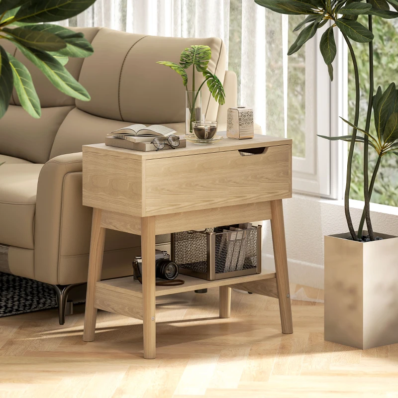 HOMCOM Table d'appoint table basse table de chevet étroite avec plateau rabattable et étagère ouverte grain de bois de chêne