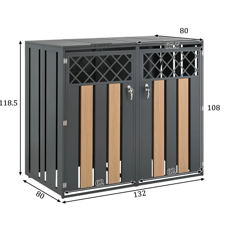 Mülltonnenbox mit hydraulischem Klappdeckel und abschließbarer Front, zwei getrennte Fächer, 132x80x118,5 cm, Grau+Naturfarbe