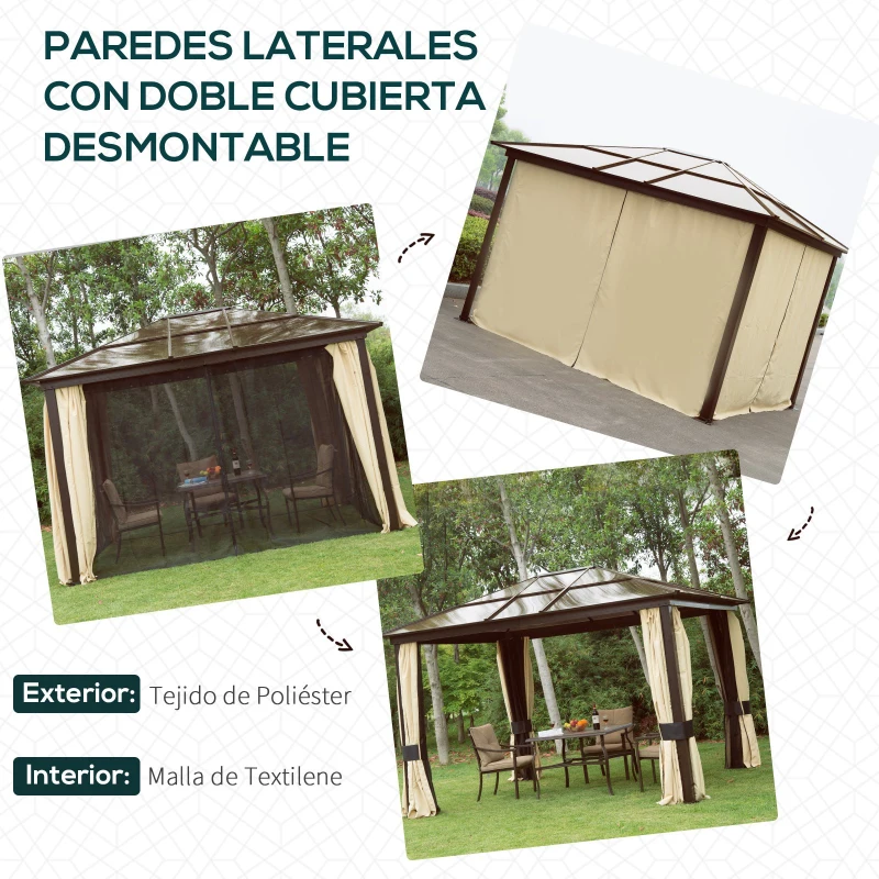 Outsunny Cenador para Jardín 3x3,6 m con Marco de Alumnio Pabellón para Exterior con Techo de Policarbonato Anti-UV Gazebo para Fiestas Eventos Beige